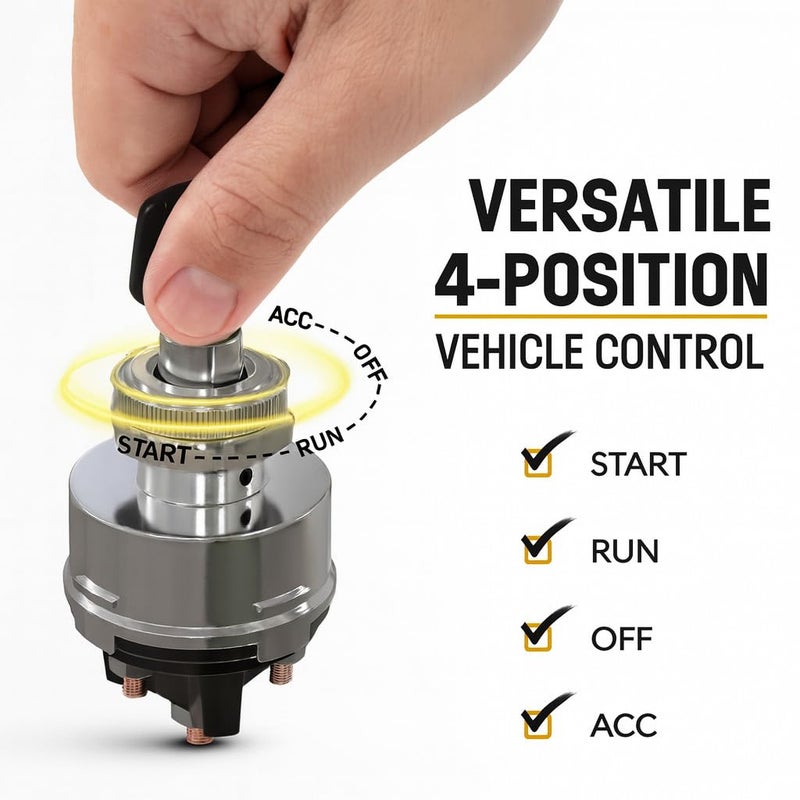 MGI SpeedWare 4-Position Universal Ignition Key Switch for 12V Car, Truck, Tractor, Trailer, Forklift - Acc/Off/IGN/(Start) - Image 2